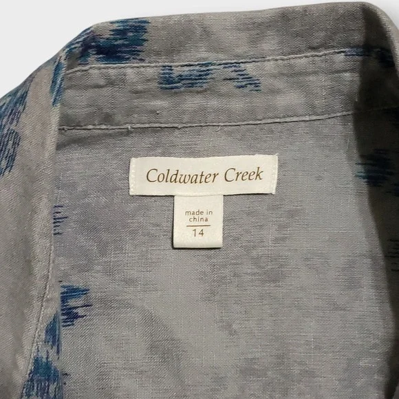 Coldwater Creek Womens 14 Gray Blue Floral Ikat 100% Linen Snap Button Jacket - Picture 7 of 13